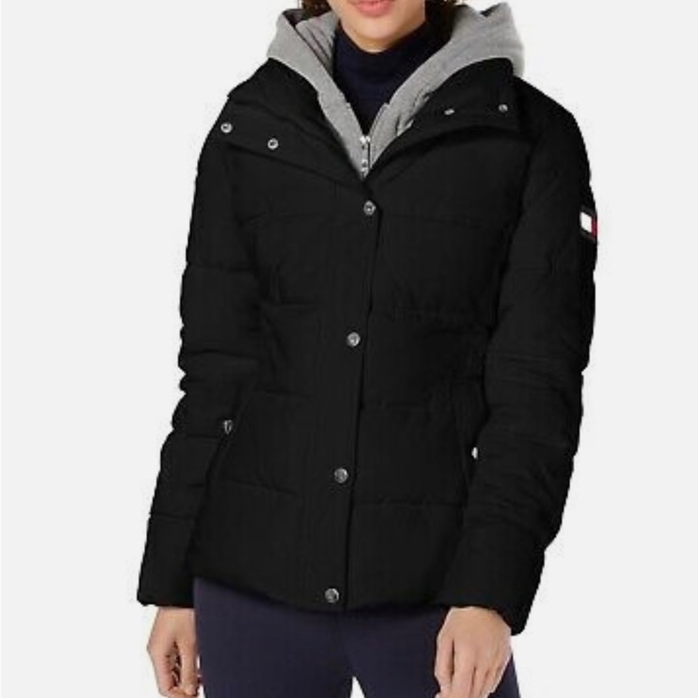 New Tommy Hilfiger Hoodie Puffer Black Coat Jacket Warmth Factor MSRP $200